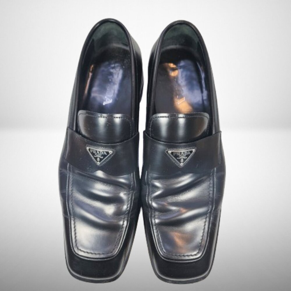 Prada Brushed Leather Triangle Logo Loafers Size: 8.5